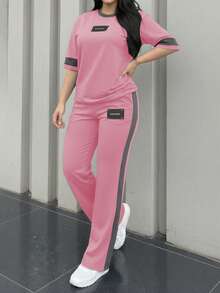 2pcs Women's Spring/Autumn Round Neck Short Sleeve T-Shirt And Elastic Waist Loose Pants Set, Casual Daily Wear - Pink 231 - View 2