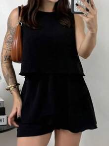 28965  Poliéster    Nó  Babado  Plissado    vestuario  Feriado  Escola  Férias  Escritório  Casa  Diário  Namorando  Regresso a casa  Despedida de solteira  viagem  Festa de aniversário - Preto - Visão 3