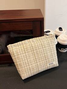 Plaid Tweed Cosmetic Bag, Portable Makeup Tool Storage Pouch Makeup Bag Toiletry Bag Skincare Bag Wash Bag Toiletry Travel Bag Vacation Essentials For Women Travel Bags For Women Large Capacity Bag - Green - View 11