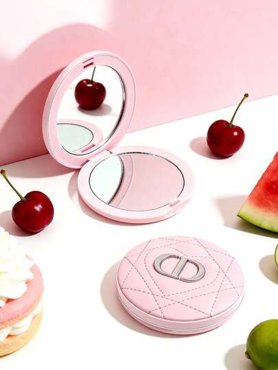 Christian Dior Y2K Fashion Style Pink Heart Plaid Round Makeup Mirror, Portable Design For Daily Makeup, Girlfriend Date, Festival Gift