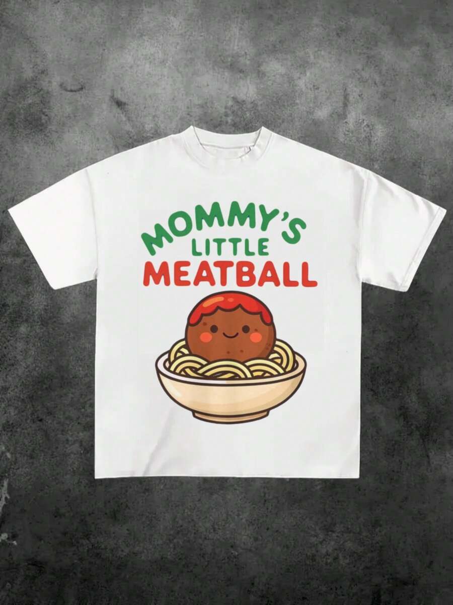 Women's Graphic 100% Cotton T-Shirt, "Mommy's Little Meatball" Cute Spaghetti & Meatball Print, Kawaii Italian Food Style, Soft And Comfortable, Short Sleeve Round Neck, Daily Wear, All-Season Wear - trắng - Xem 1