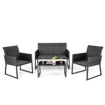  COSTWAY 4 Pieces Wicker Patio Furniture Set With Quick-Drying Foam, Outdoor Conversation Set With Tempered Glass Coffee Table For Backyard, Poolside, Deck, Balcony, Garden, Brown