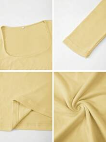 Áo dệt kim dài tay ôm dáng gợi cảm dành cho nữ cỡ lớn Vaiaye mùa xuân/hè, màu trơn, cổ vuông, kiểu dáng thường ngày. - Màu vàng - Xem 11