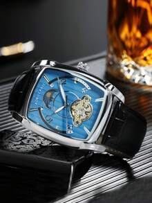 AOKULASIC 1pc Fashion Skeleton Automatic Mechanical Men's Watch, Luminous Hands, Genuine Leather Strap, Business Gift Watch For Men - Blue - View 3