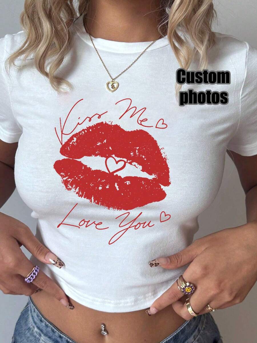 Customizable Women's Short Sleeve Crop Top T-Shirt, Custom Print - Add Your Own Text And Photos To Design A Y2K Style T-Shirt. Sports White Summer - White - View 1