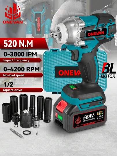 ONEVAN Electric Wrench,1/2" Brushless Impact Wrench Screwdriver Drill Driver ,For Car Repair Woodworking Home DIY Power Tools Set Tools With 2*3.0AH Battery And 12 Accessories And Tool Box