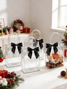 10pcs Reusable Transparent Plastic Gift Bags With Handles, PP Flower Bags With Ribbon Bows, Suitable For Weddings, Brides, Birthday Parties, Business Events, Graduations, Mother's Day Gift Packaging (Black) - Black - View 8