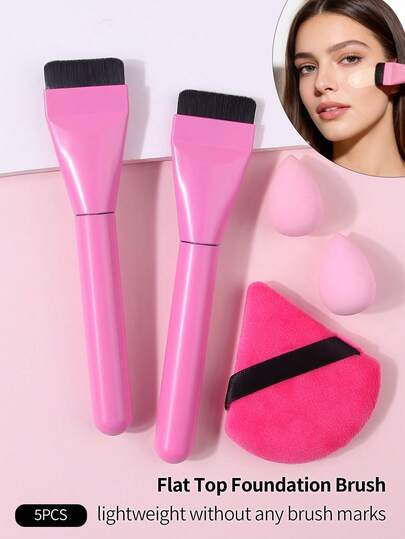 5pcs Everyday Makeup Brush Set, Includes Flat Foundation Brush, Flocked Triangle Powder Puff, Mini Makeup Sponge Blender