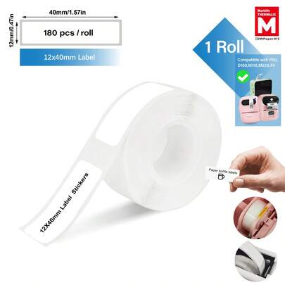 Marklife White Thermal Label Tape, Thermal Printing Paper, Black Background White Text Label Stickers, Suitable For D30, M110, M220, M1, P50, P15 Label Printers, Home & Commercial Use, 12x40mm (0.47"X1.57"), 180 Sheets/Roll, Waterproof, Oil-Resistant, Wear-Resistant, Tear-Resistant