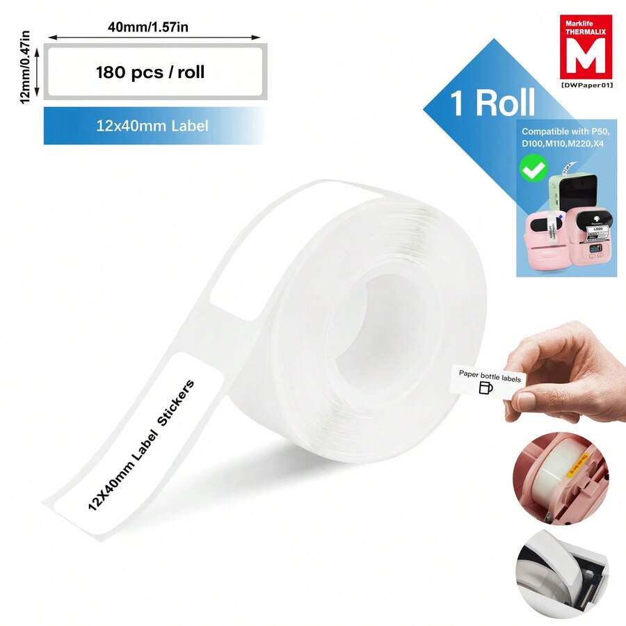 Marklife 白色热敏标签带，热敏打印纸，黑底白字标签贴纸，适用于 D30、M110、M220、M1、P50、P15 标签打印机，家用及商用，12x40mm (0.47"X1.57")，180 张/卷，防水、防油、耐磨、防撕裂