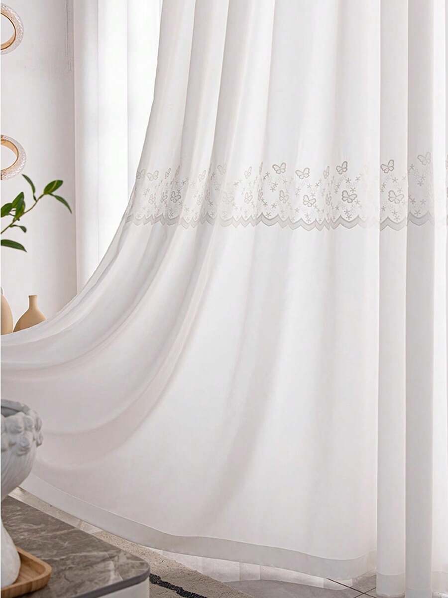 1pc Embroidered Sheer Curtain Panel, Transparent But Not See-Through, Suitable For Bedroom, Balcony, Living Room, Modern Crown & Butterfly Design - Multicolor - View 1