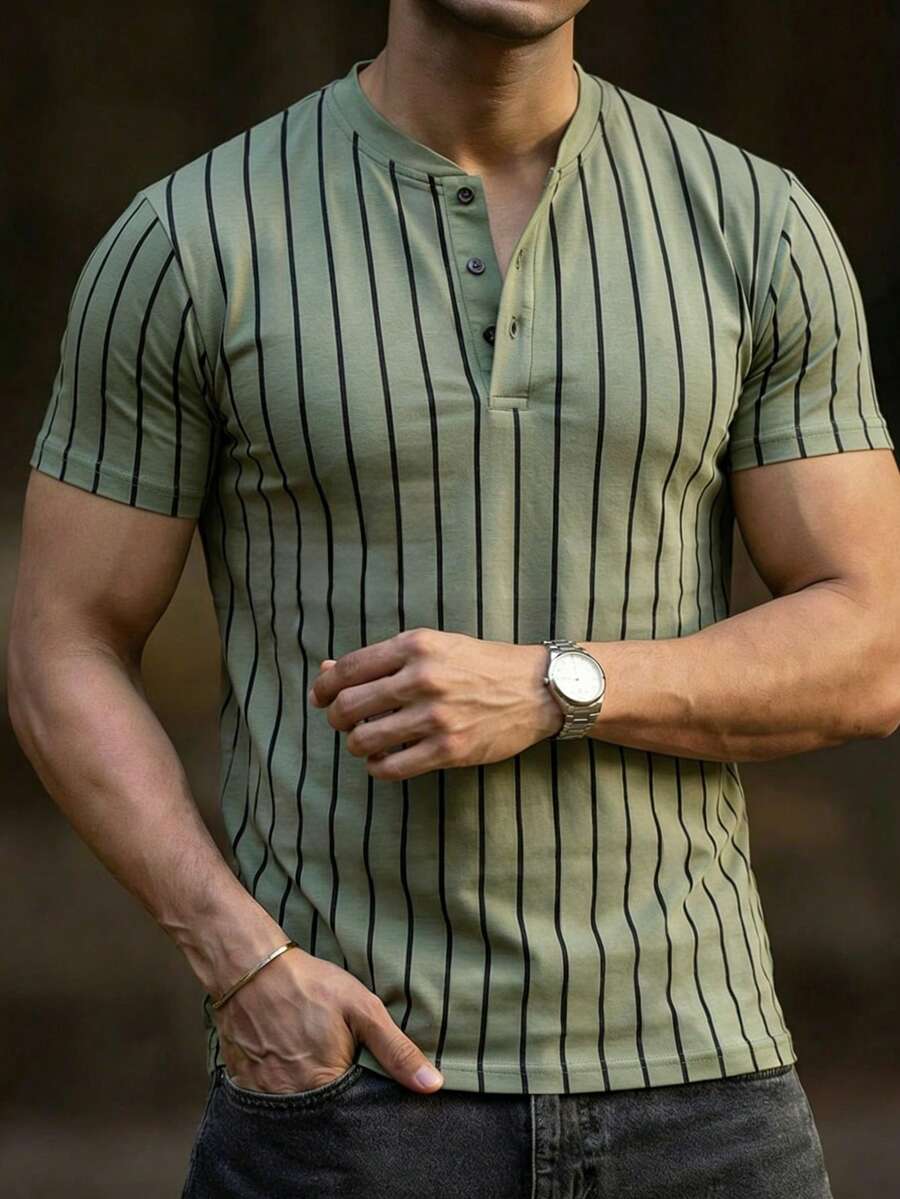 Áo thun nam cổ Henley kẻ sọc, dáng ôm, tay ngắn, thời trang thường ngày. - màu xanh lá - Xem 1