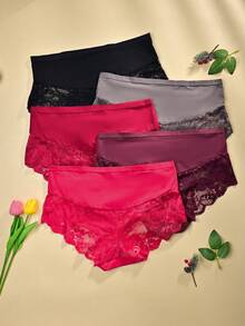 5pcs/Pack Plus Size Women's Solid Color Lace Patchwork Sexy Briefs - Multicolor - View 2