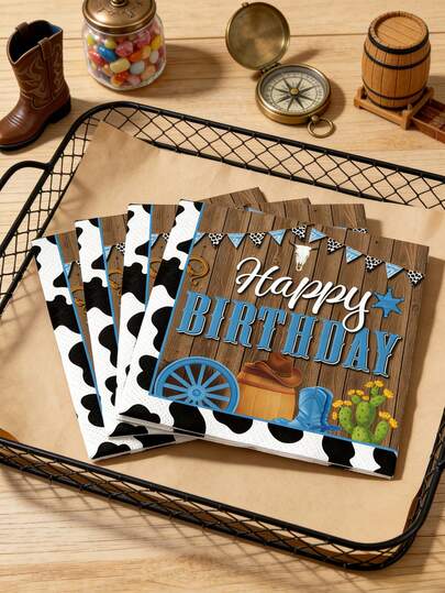 40张西部牛仔生日主题纸巾 - 纸质，复古美式风格，仿木纹背景 + 牛仔元素（马车/牛仔帽/仙人掌）+ 奶牛纹边框 + “生日快乐”字样，适合牛仔主题生日派对、西部风格聚会和日常使用。