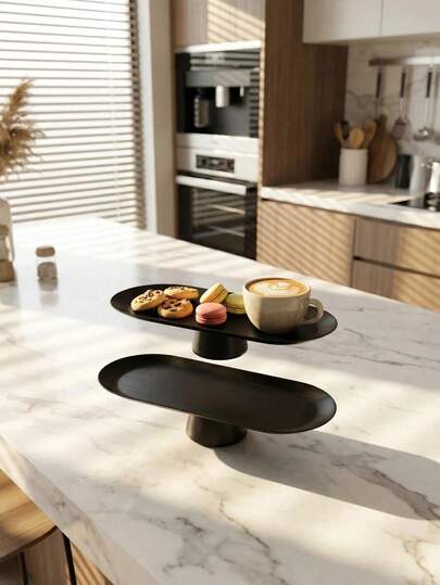 1个椭圆形黑色不锈钢面包托盘，优雅的甜点架，适用于蛋糕、糕点和甜点，适合在下午茶时展示精致甜点。