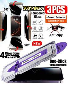 Yezodawee 3片装360°隐私屏幕保护膜,带自动安装套件,兼容 12/12 Pro/12 Pro Max/11/11 Pro/11 Pro Max/X/XR/XS/XS Max、17 Pro Max/17 Pro/17 Air/17/15 Plus/15 Pro Max/15 Pro/15/14 Pro Max/14/14 Plus/14 Pro/13/13 Pro/13 Pro Max,9H钢化玻璃隐私屏幕保护膜,防刮花,防指纹,贴合机身,适用于动态岛,全屏覆盖。 - 黑色 - 查看 17