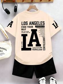 Teenager Boys' Minimalist Letter Print Round Neck Short Sleeve T-Shirt + Khaki Casual Pants Summer New Set - Multicolor - View 3
