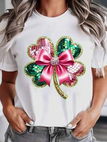 Shamrock Bow Design Graphic T-Shirt St Patrick's Day Celebration Shirt Lucky Charm Print Top, It Is A Perfect T-Shirt To Give To Friends And Family On Any Holiday Or Festive Occasion, 220g - 白色 - 查看 1