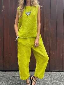 Bộ đồ nữ 2 món màu trơn, gồm áo hai dây và quần dài, thích hợp mặc hàng ngày vào mùa hè. - màu xanh lá - Xem 1