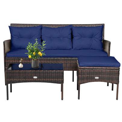  COSTWAY 3-Piece Outdoor Conversation Set, Patio PE Rattan Furniture Set With Comfortable Cushions, Tempered Glass Coffee Table For Backyard, Poolside, Garden, Navy