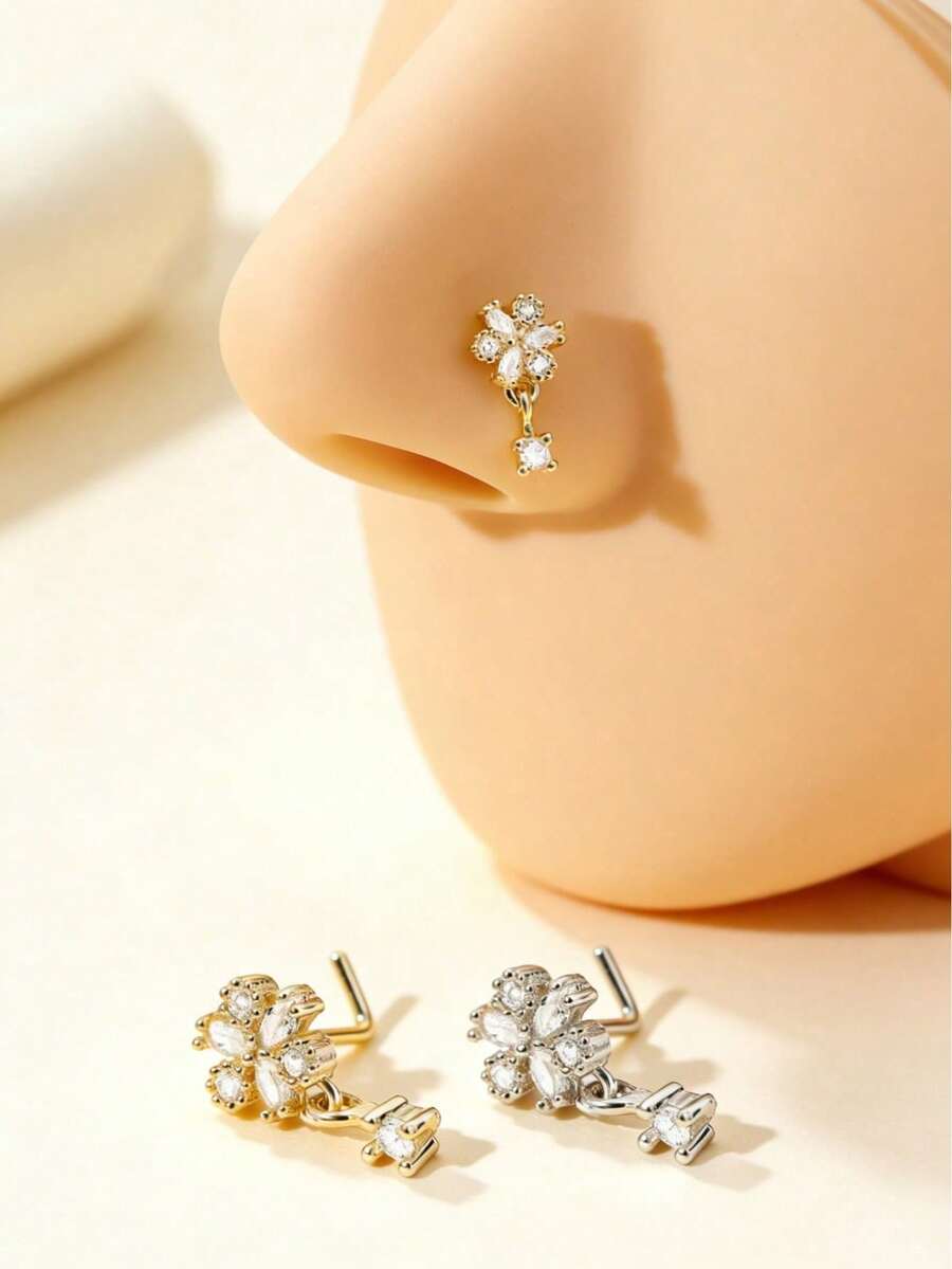 1 chiếc khuyên mũi hình hoa chữ L bằng thép không gỉ mạ vàng/bạc, đính đá CZ AAA+, thích hợp để đeo hàng ngày, dự tiệc và làm phụ kiện thời trang. - Vàng - Xem 1