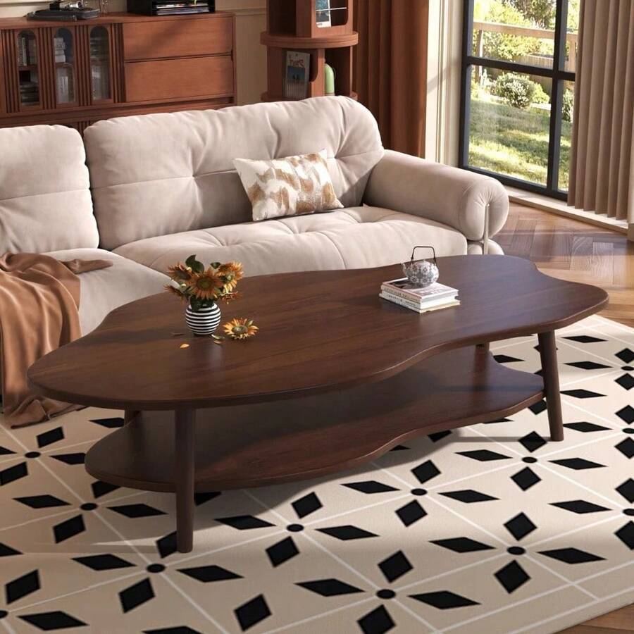 Cloud Coffee Tables With Large Tabletop, Oval Wood Coffee Table With Open Storage Shelf For Living Room Bedroom - Kayu kenari hitam - View 1
