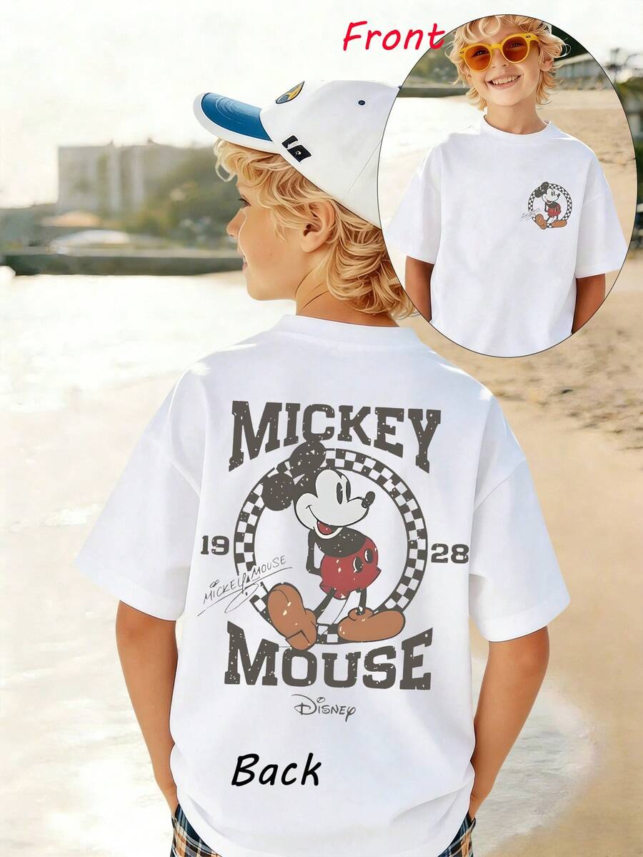 1pc Disney Mickey Mouse Playful Retro Emblem Tween Boys Fun T-Shirt - Comfortable & Lightweight, Ideal For School Days And Weekend Hangouts - 白色 - 查看 1