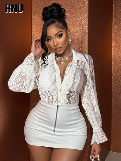 RNU Plus Size Women Elegant Textured Knit Lace High Stretch Fabric Ruffle Trim Open Front Faux Pearl Button Decor Blouse, Suitable For Valentine's Day And Holidays