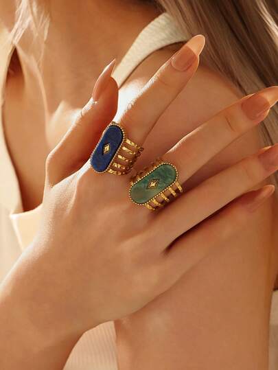 2pcs 18K Gold Plated Stainless Steel Oval Ring Set, Featuring Lapis Lazuli & Green Gemstone, Vintage Bohemian Style Rings For Women, Suitable For Decoration Or Gift