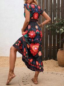 New Autumn Lightweight V-Neck All-Over Cute Leaf & Floral Print Bohemian Casual Pleated Ruffle Hem Waist Splice Maxi Dress, Suitable For Music Festivals, Women's Holidays, Country Music Concerts, Graduation, Parties, Back To School, Teacher's Day, Halloween, Christmas - 黑色 - 查看 3