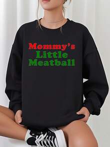 Women'S Funny Italian-American Mommy'S Little Meatball Sweatshirt - Beige Pullover Sweater, Long Sleeve Casual Top For Moms, Birthday Mother'S Day Gift Idea - Cute Mom Apparel, Cozy Clothing, Playful Design, Comfortable Material, Round Neckline, Family Gifts Sudaderas Para Mujer,Ladies Casual Crew Neck Pullover,Galentine's Day Soft Cotton Crew Neck Top For Girls' Gatherings - màu đen - Xem 7