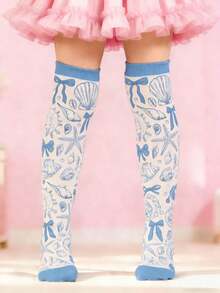 1 Pair Cute Summer Beach Shells Starfish Bow Tie Knee High Socks For Kids, Cute Princess Over The Knee Socks, Back To School Boys Girls Running Athletic Sports Socks, Firthday Birthday Valentine Day Gift - Multicolor - View 1