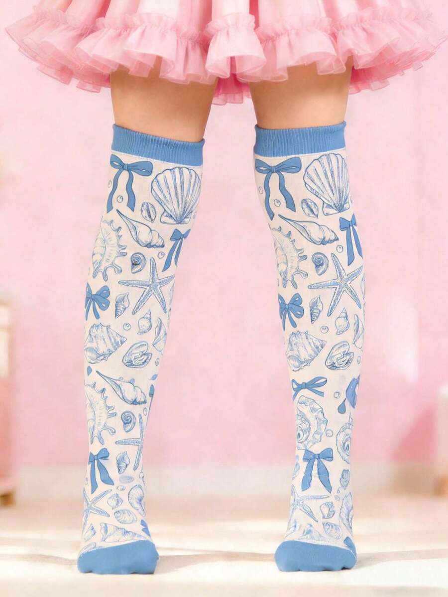 1 Pair Cute Summer Beach Shells Starfish Bow Tie Knee High Socks For Kids, Cute Princess Over The Knee Socks, Back To School Boys Girls Running Athletic Sports Socks, Firthday Birthday Valentine Day Gift - Multicolor - View 1