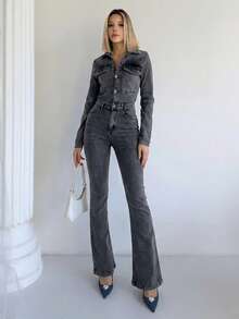 Women's Fashionable Gray-Black Long Sleeve Regular Shoulder Bodysuit - Grey - View 2