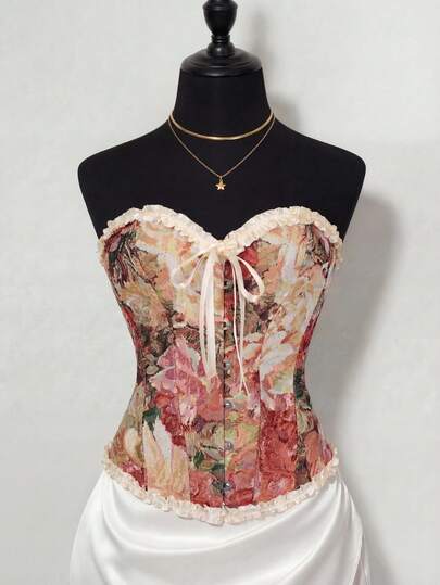 Plus Size Vintage Floral Jacquard Overbust Corset Top With Ruffle Trim & Bow Decor, Cottagecore Bodyshaper