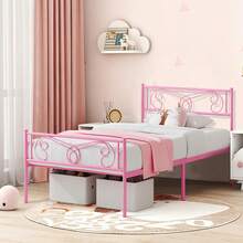 Cama Individual de Metal con Cabecero y Piecero - Base de Plataforma con Listones de Acero, Sin Necesidad de Box Spring | Fácil Armado, Color Rosa, Ideal para Niñas y Adolescentes - Rosa - Ver 1
