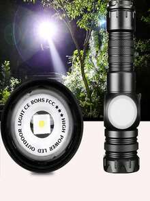 2/1pc 20W LED + COB Rechargeable Flashlight, Super Bright Tactical Handheld Lamp, With Magnetic Base, Variable Focal Length, Digital Battery Level Display, Waterproof, Suitable For Camping, Car Maintenance, Emergencies And Outdoor Activities - black - View 2