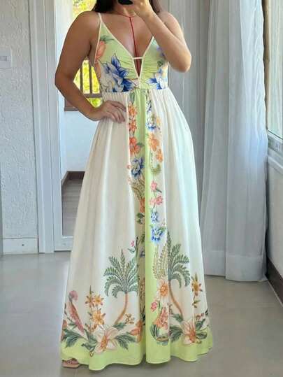 Women's Sexy V-Neck Hollow Out Sleeveless A-Line Dress, Tropical Floral Print, Perfect For Summer Vacation