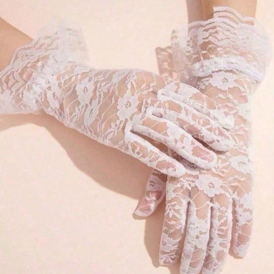 1pair Women's Sexy Gothic Party Dress Gloves, Rose & Lace Design Ruffle Trimmed Bridal Gloves For Party Elegant Halloween Halloween Accessories Winter Gloves - 白色 - 查看 1