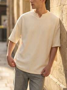 2026夏季新款青年男士宽松上衣，休闲学院风T恤，宽松版型，落肩七分袖，适合年轻学生，杏色T恤 - 杏色 - 查看 7