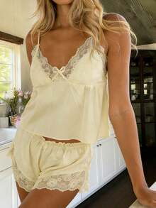 Womens Lace Trim Pajama Sets 2 Piece Satin Silk Cami Tops And Shorts Set Nightwear Sleepwear Matching Lounge Set - V領-黃色 - 查看 4