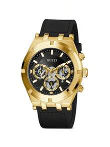 Guess Reloj de cuarzo de moda casual de negocios para hombres con tres esferas, función múltiple, esfera negra y dorada hueca, correa de silicona - GW0262G2 - Dorado - Ver 8