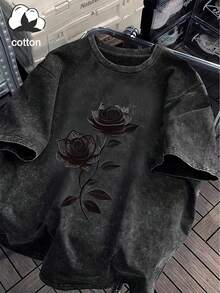 Plus Size Women's Casual Rose Vine Print Round Neck Short Sleeve T-Shirt, Suitable For Spring, Summer And Autumn Black - Black - View 1