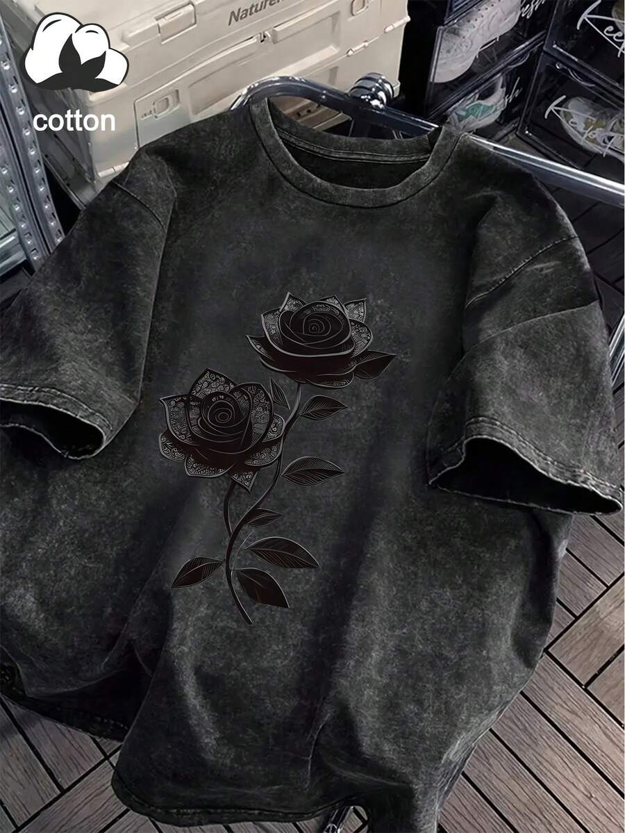 Plus Size Women's Casual Rose Vine Print Round Neck Short Sleeve T-Shirt, Suitable For Spring, Summer And Autumn Black - Black - View 1