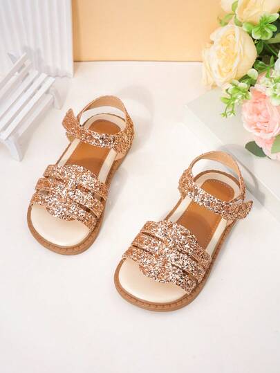 1 Pair Girls' Shoes, Decorated With Sparkling Gold Diamonds, Design With Ankle Strap And Open Toe, Flat Style, Delicate And Cute, Suitable For Casual Daily Wear, Perfect For Beach And Holidays