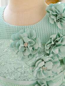 Young Girls' Round Neck Shoulder Cutout 3D Floral Trim Satin Elegant Piano Recital Formal Dress, Suitable For Weddings, Birthdays, Parties, Formal Occasions, Celebrations, Does Not Include Headband - Mint Green - View 6