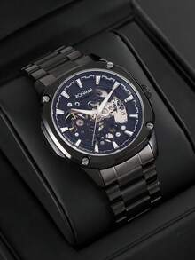 RONMAR 1pc Men's Automatic Hollow Mechanical Watch, Waterproof Luminous Stainless Steel Band, Business Casual Polygon Design Watch, Suitable For Daily, Office, Gift, Student, University - Black - View 3