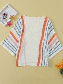 Plus Size Women Loose Striped Short Sleeve Beach Casual Sweater, Suitable For Summer, Spring Break, Winter Holiday Party, White Top - Beige - View 4