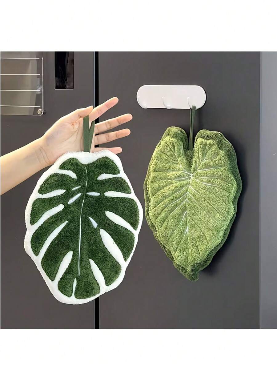 2pcs Leaf-Shaped Bathroom Hand Towels, With Hooks, Highly Absorbent. Suitable For Bathroom, Dining Room, Kitchen, Living Room. Can Be Used To Remove Stains, Water Marks And Grease On Tabletops And Placemats.