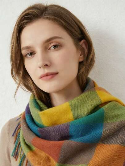 1条格子JK风亮色可爱百搭保暖厚围巾，休闲ins风，适合假日旅行拍照，2024秋冬新款女士围巾